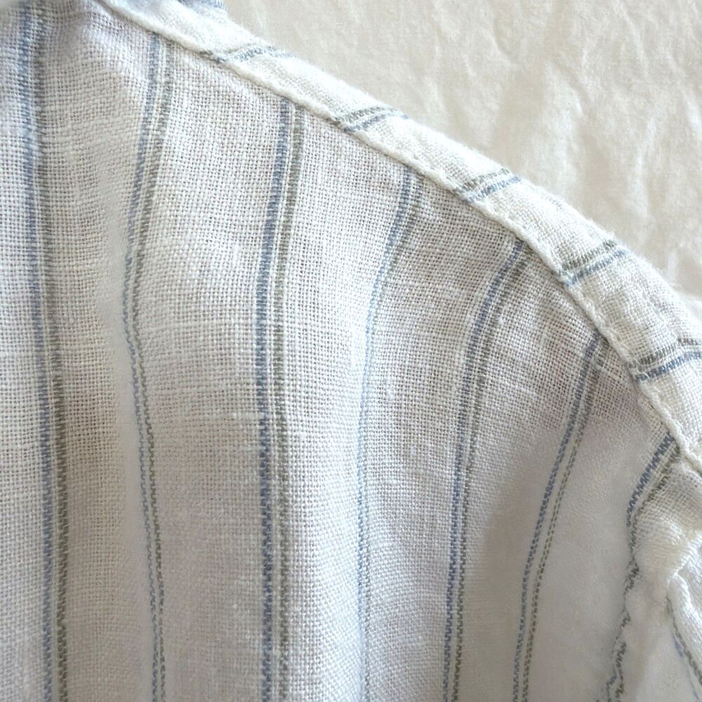 C&C California Womens Medium 100% Linen Striped Hoodie Pullover Shirt White Blue - Picture 2 of 15